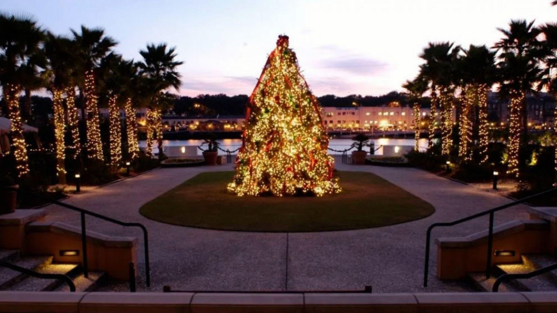 Large outdoor Christmas tree with golden lights by Savannah riverfront at dusk, palm trees wrapped in Christmas lights