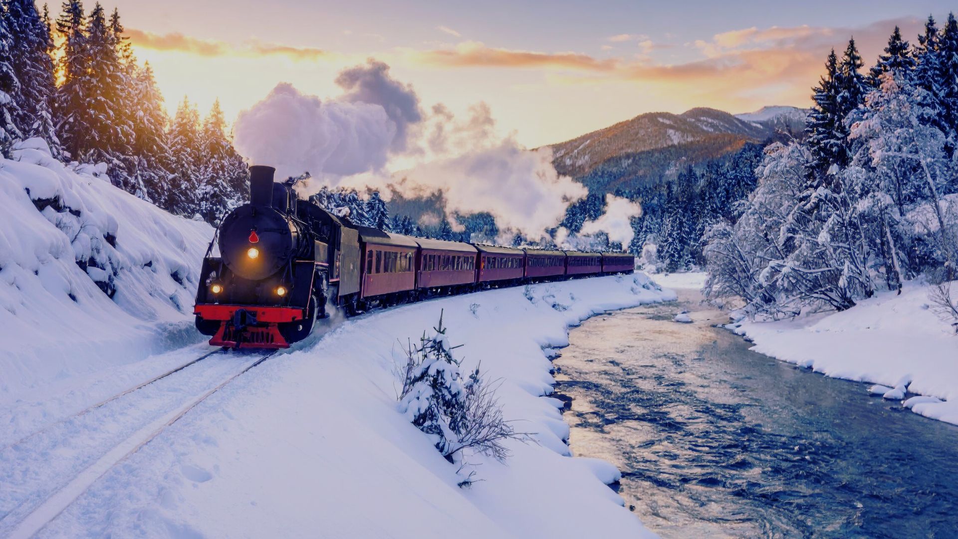 Blue Ridge Scenic Railway traveling through a winter mountain landscape.