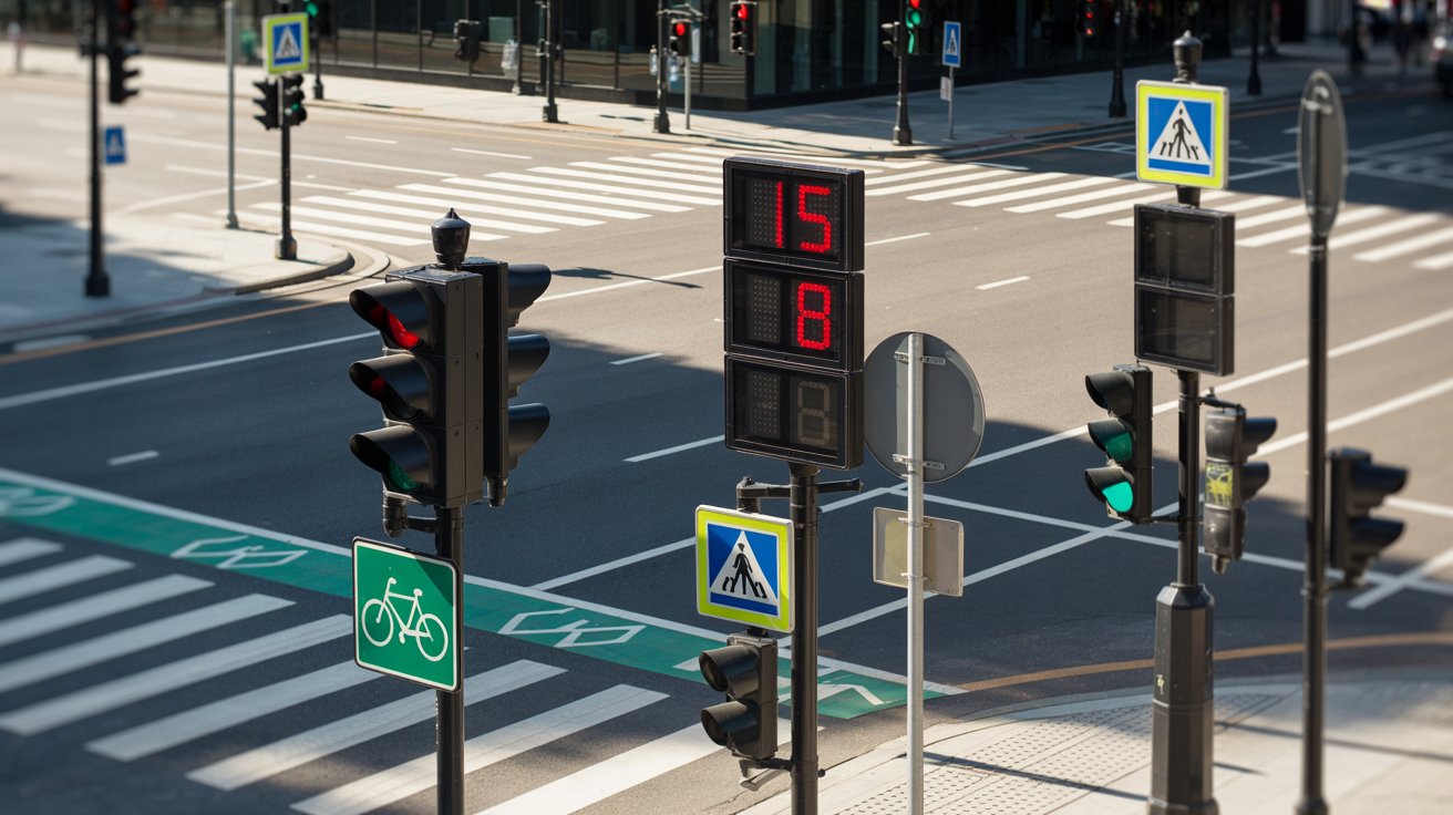 Intersection with special traffic controls affecting right turns on red.