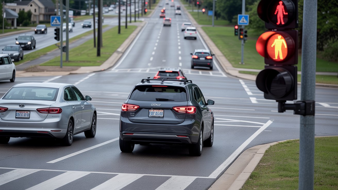 Driver stopped at a red light in Georgia preparing to make a legal right turn after checking traffic.