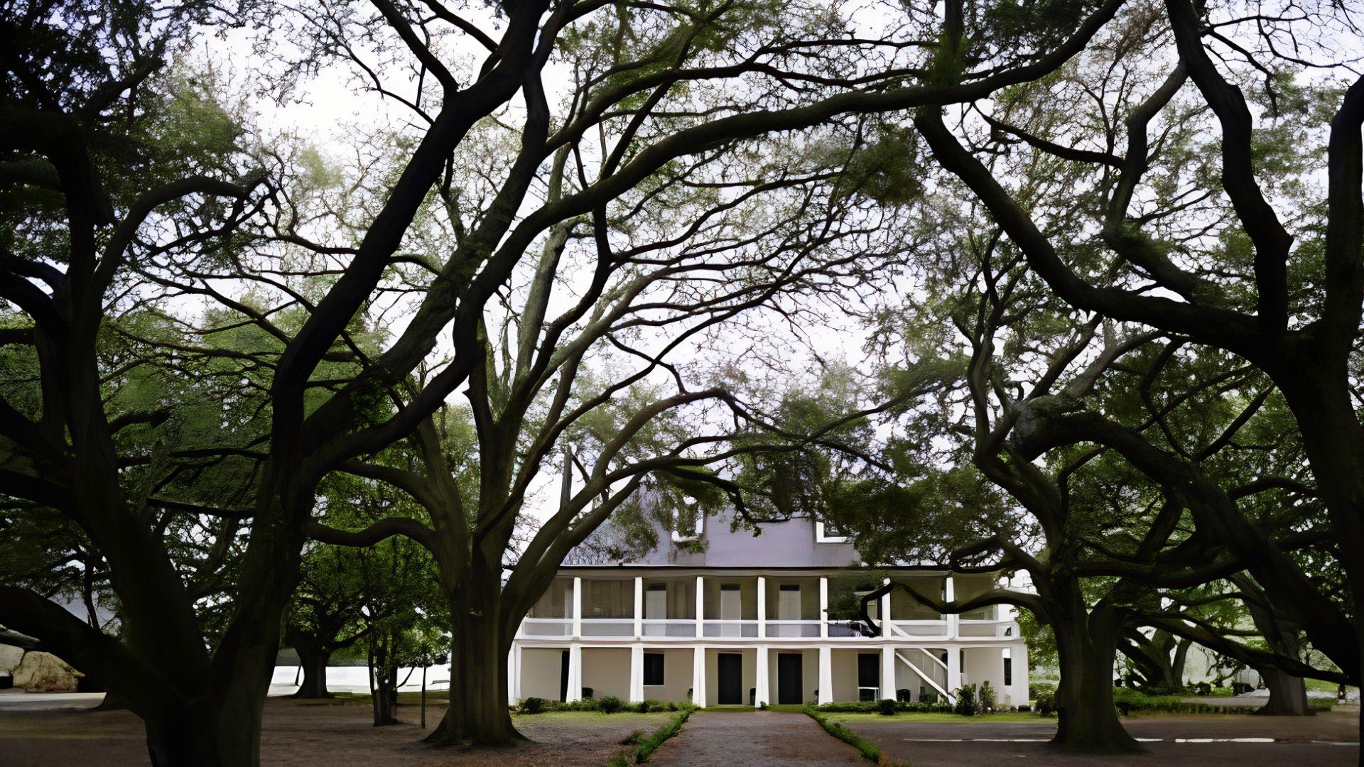 White two-story plantation house framed by massive sprawling oak trees with twisted branches, a classic stop on Savannah Plantation Tours.