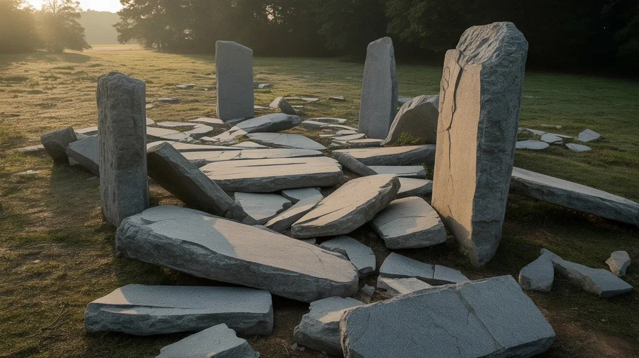 Damaged remains of the Georgia Guidestones after the 2022 explosion.