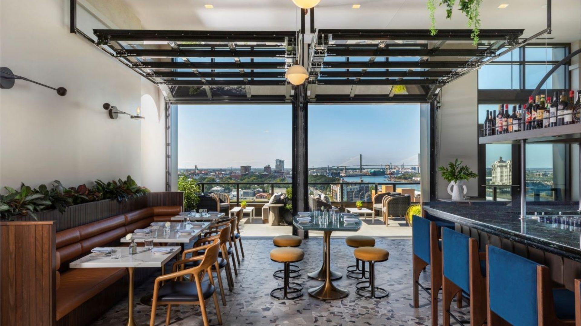 Bar Julian rooftop overlooking Savannah skyline