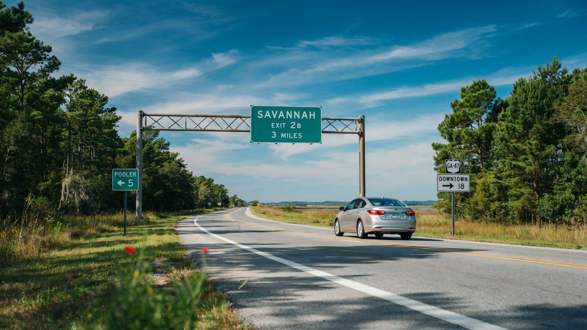 Car traveling from Pooler GA to Savannah GA on a scenic Georgia highway.