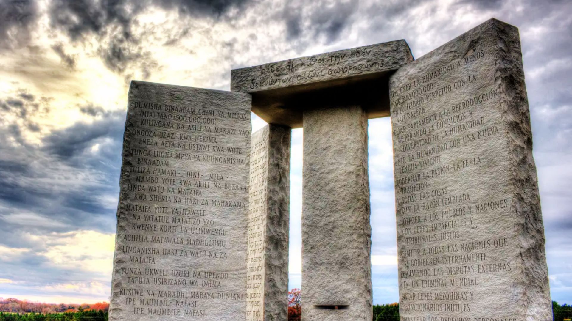 The Georgia Guidestones monument standing in a rural Georgia landscape before its destruction.