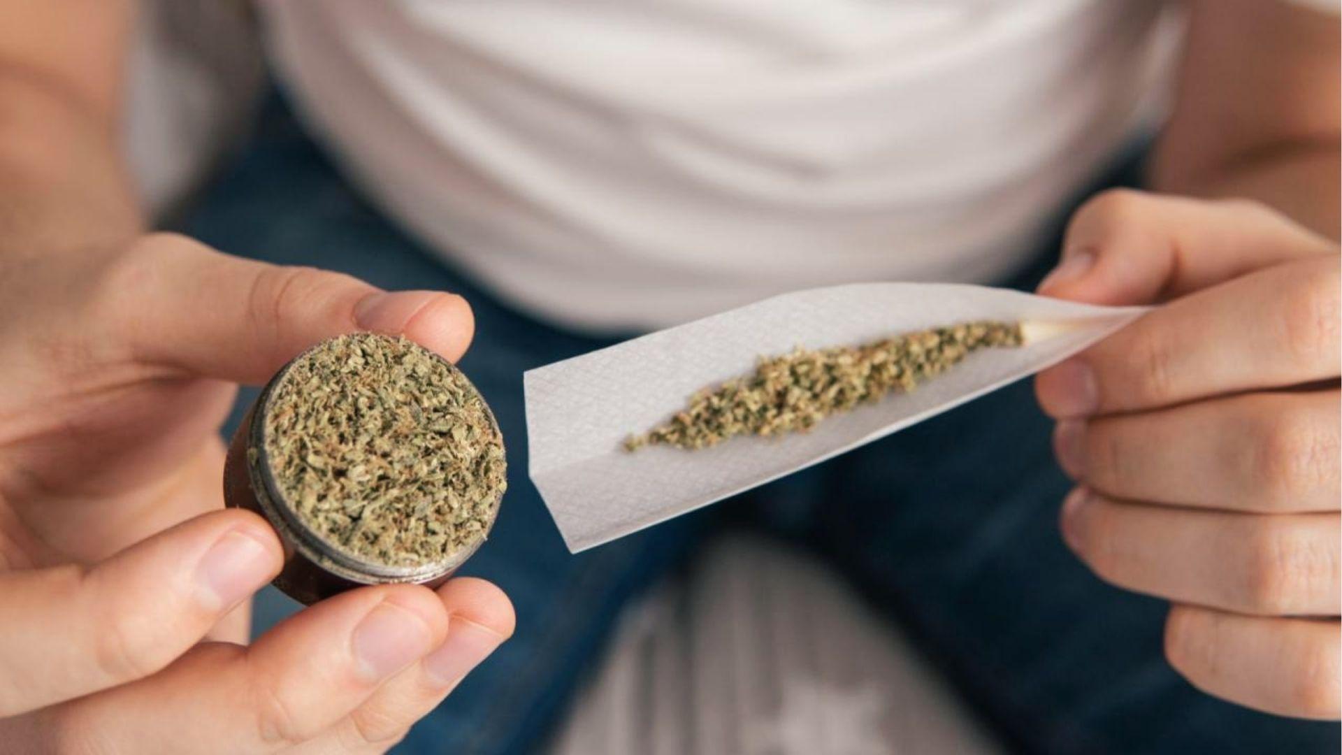 Person rolling cannabis in paper with grinder in hand referencing synthetic marijuana use in Georgia.