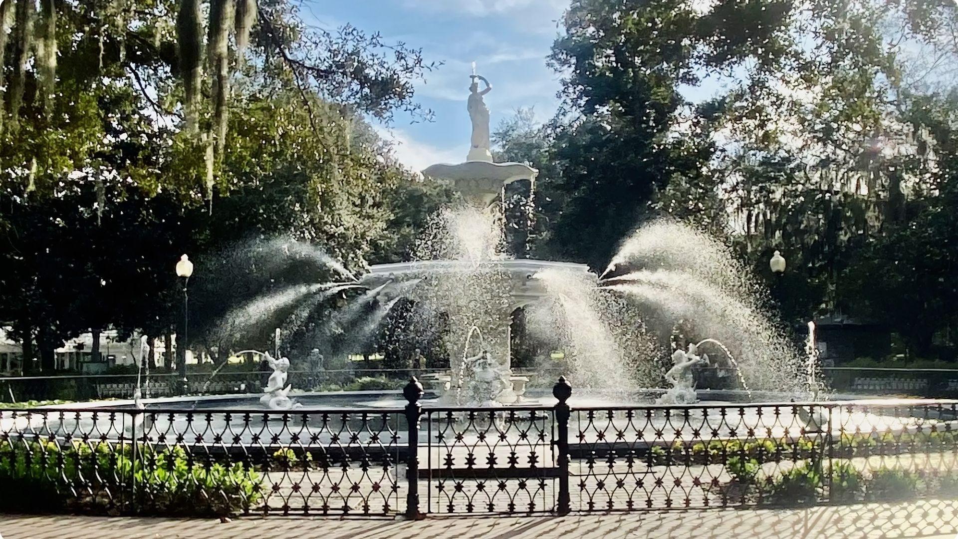 Fountain of Love in Savannah, Georgia, in the Forsyth Par, the main attraction this tourist destination.