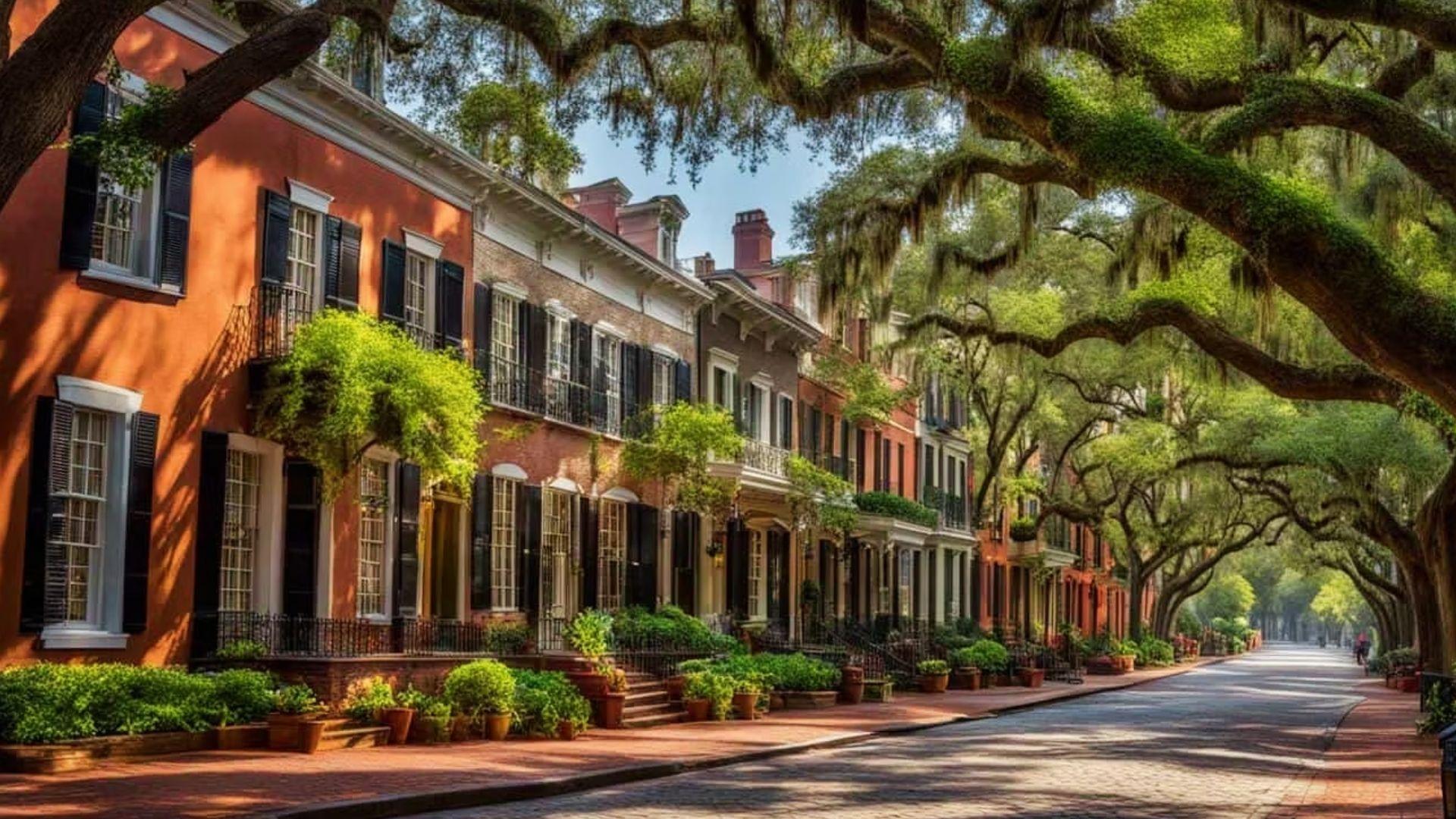 Colorful historic rowhouses shaded by live oaks draped in Spanish moss on a quiet Savannah street during Savannah Plantation Tours.