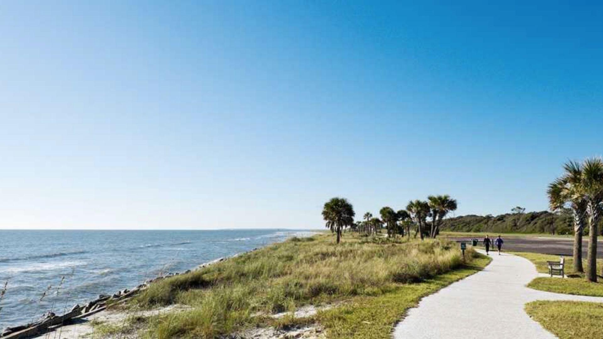 Oceanfront bike path with palm trees on Jekyll Island, a popular day trip from Savannah Georgia