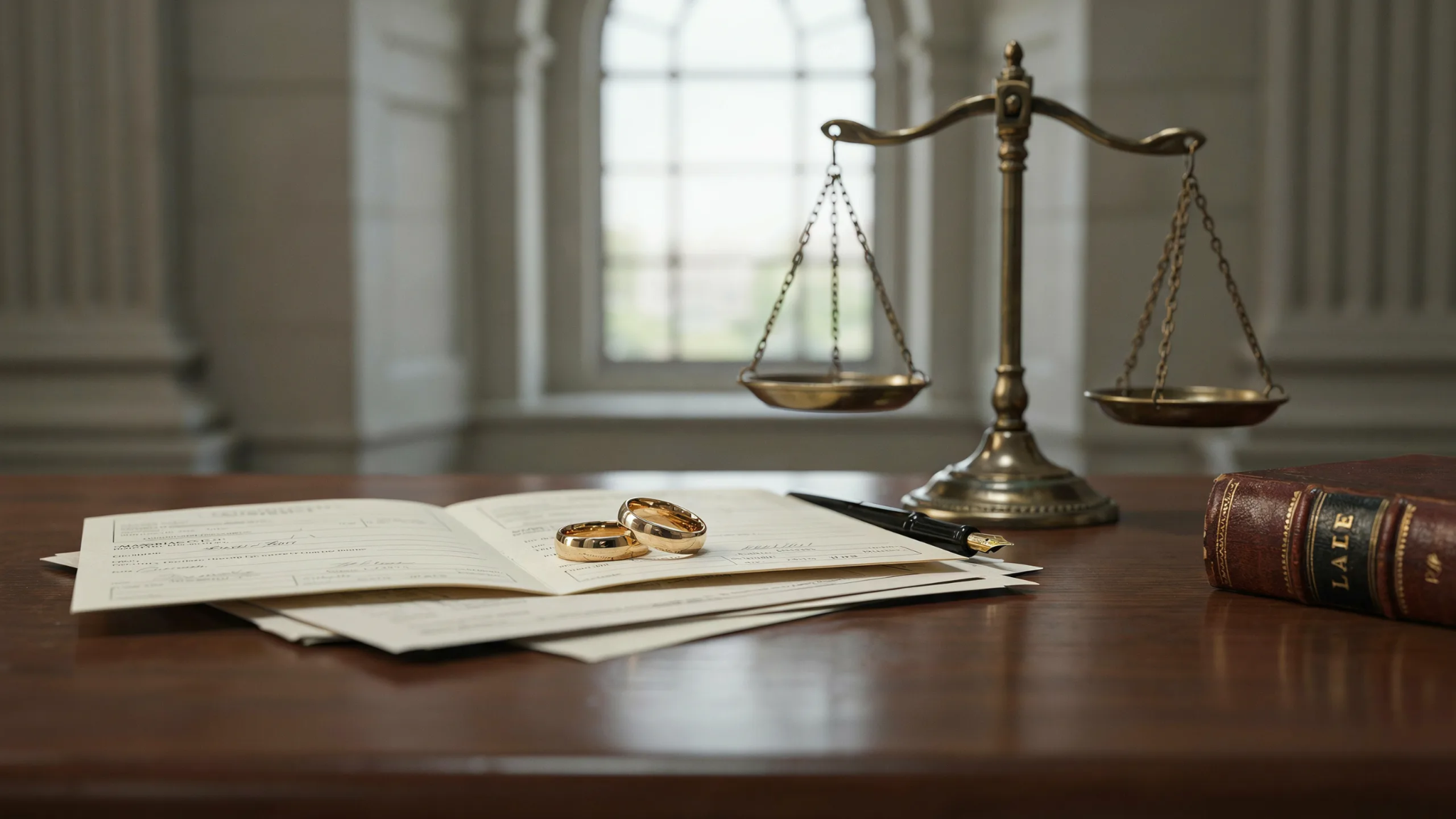 Legal documents and wedding rings representing common law marriage rules in Georgia.