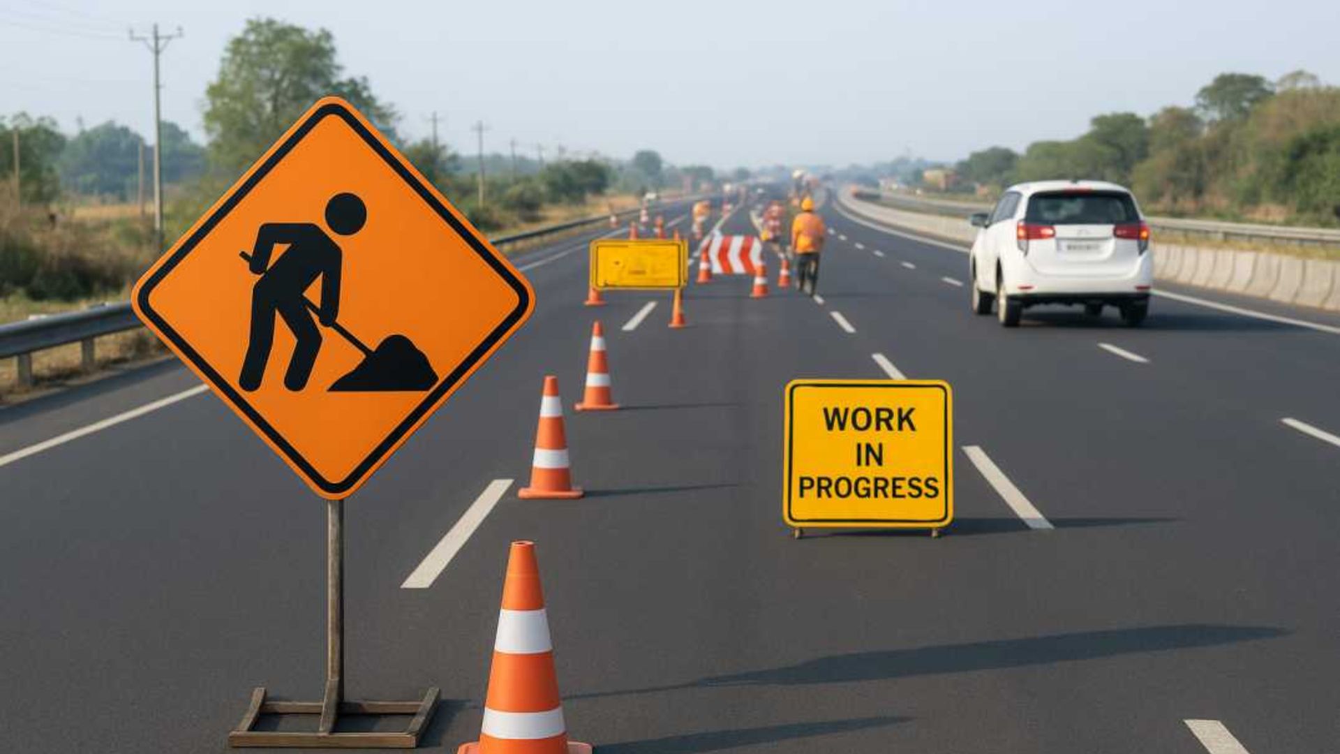 Construction work zone with temporary restrictions on right turns.
