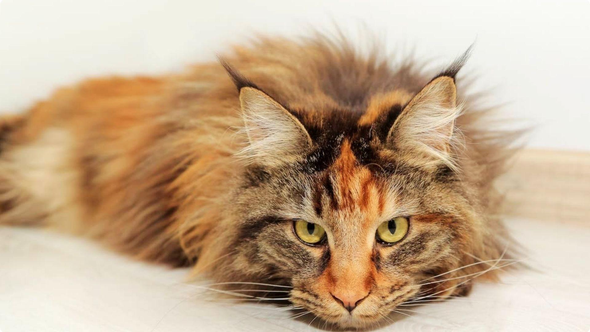 Close-up portrait of a long-haired tortoiseshell Maine Coon cat with striking yellow-green eyes lying on a white surface.