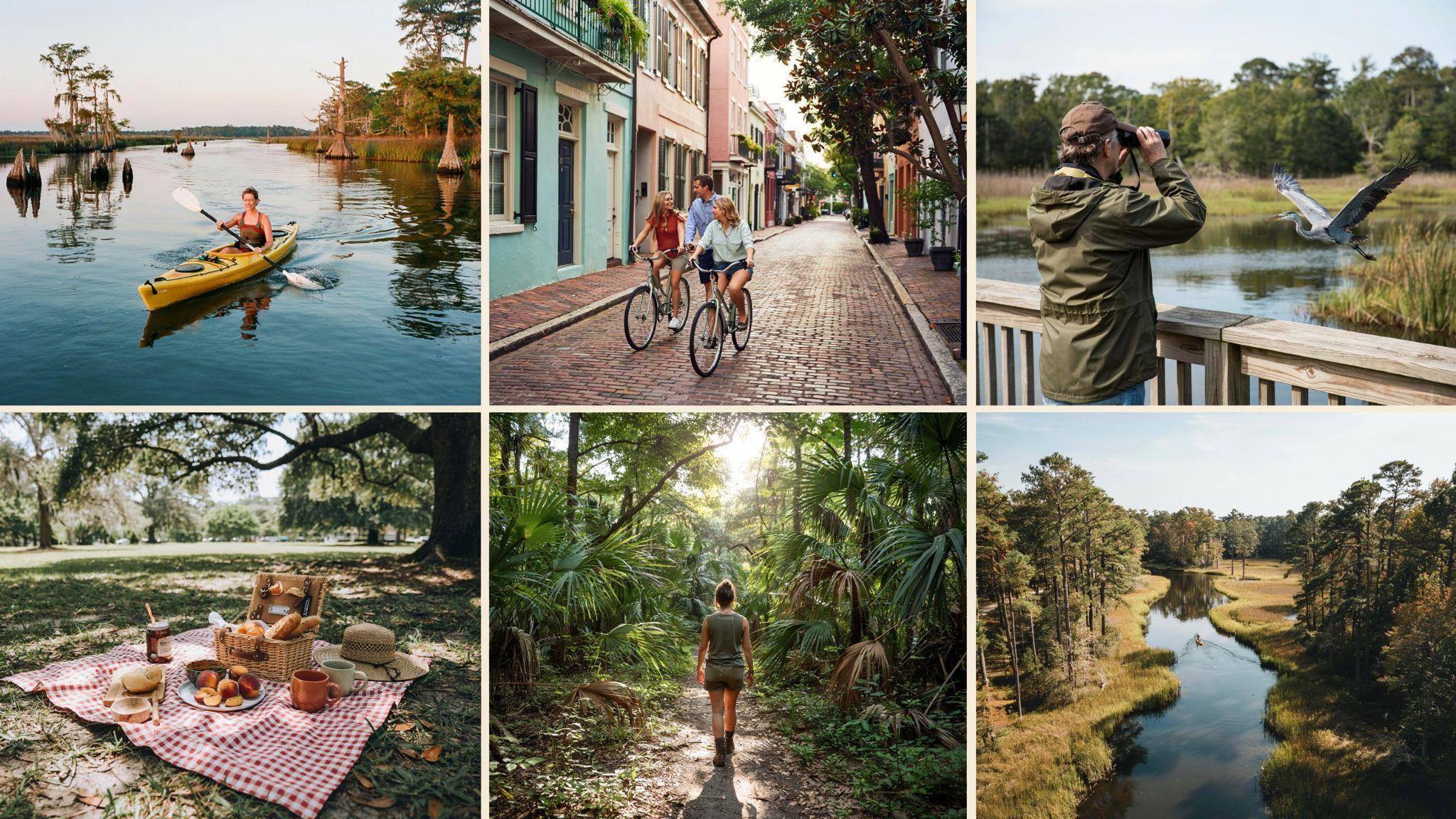 Outdoor activities in Savannah including biking, kayaking, and nature trails.