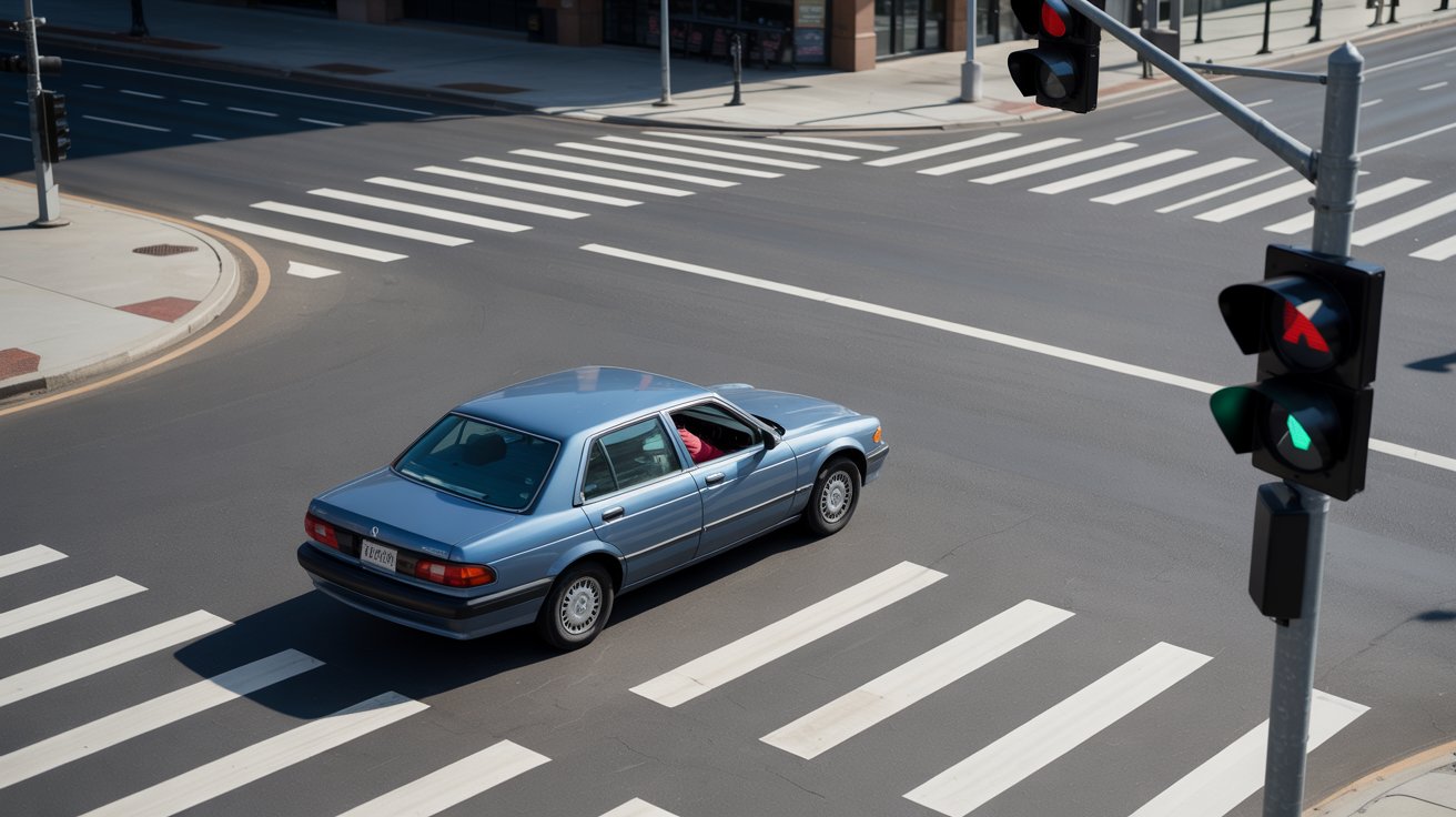 Driver yielding before making a right turn on red at a clear intersection.