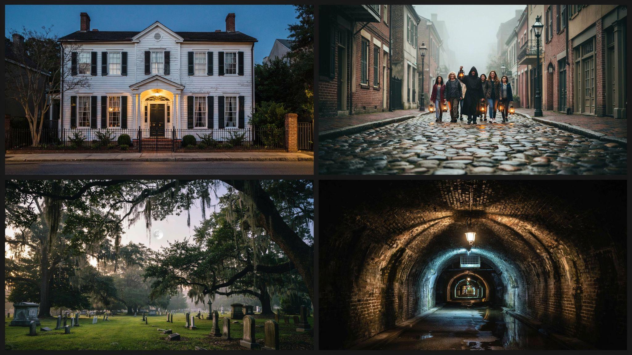 Savannah ghost tours, haunted houses, and paranormal attractions collage.