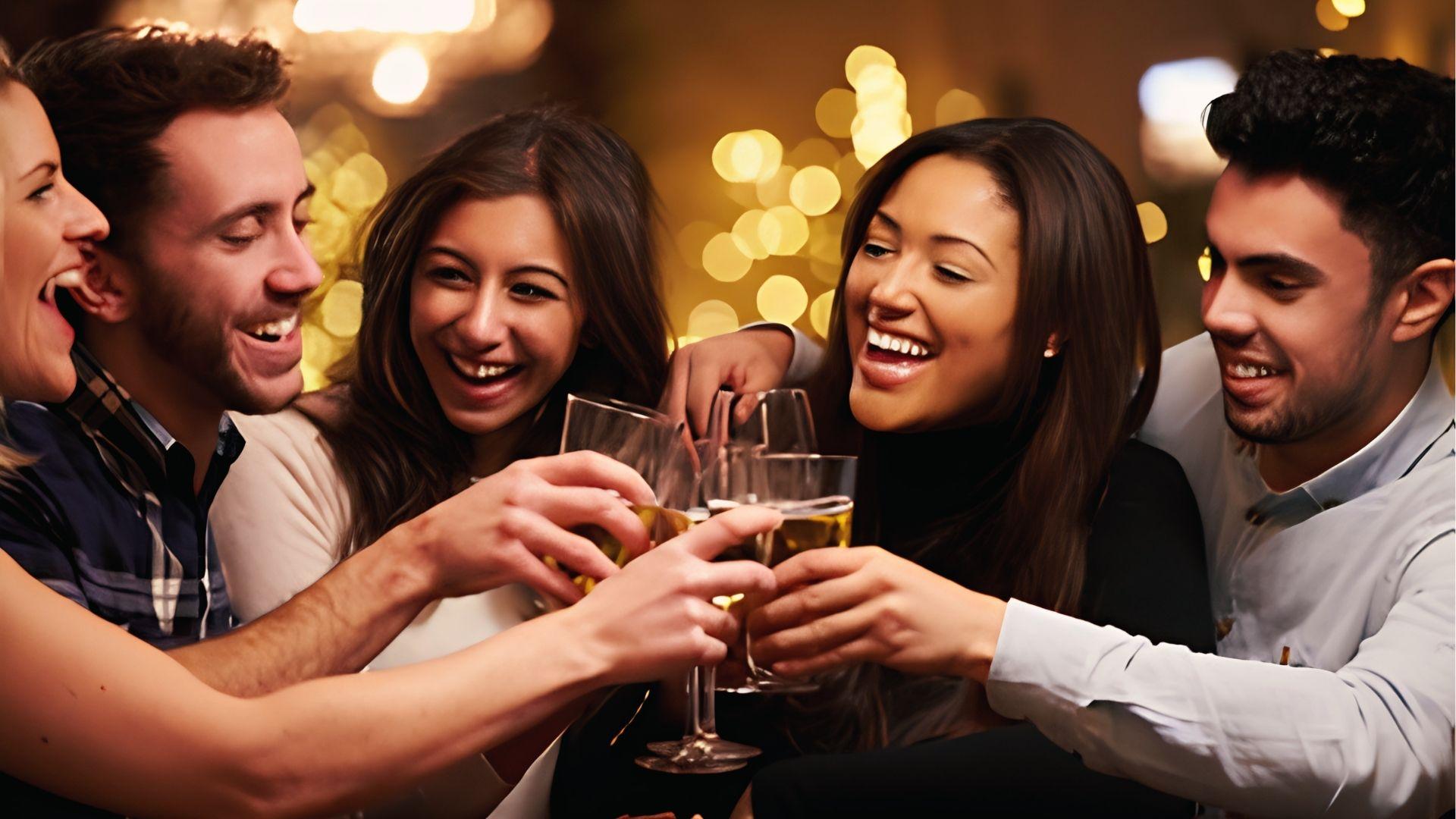 Group toasting with drinks at night, showing social drinking must stay below Georgia's 0.08 BAC limit.