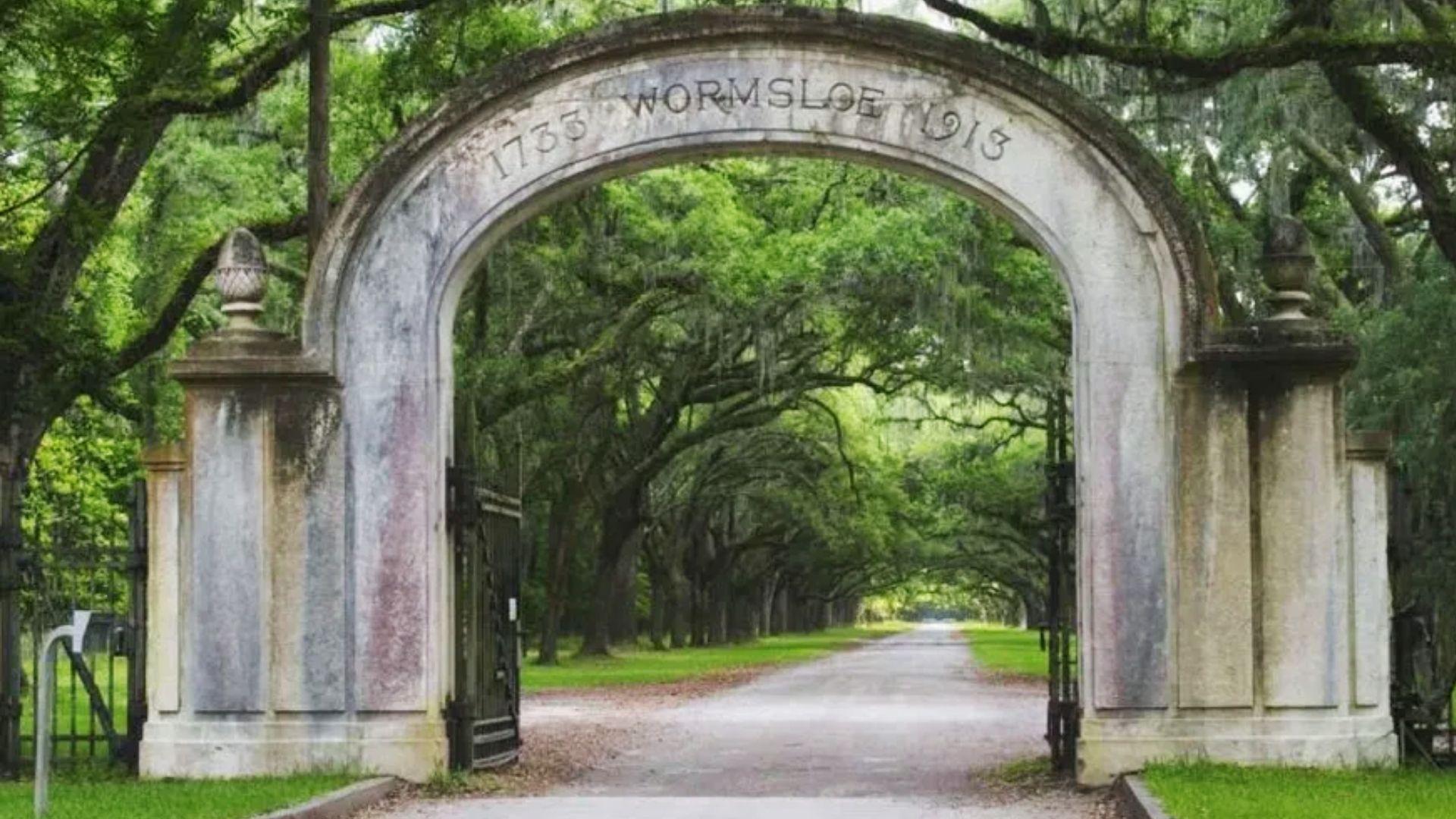 Historic Wormsloe Plantation stone arch entrance with oak avenue draped in Spanish moss, an iconic landmark on Savannah Plantation Tours.