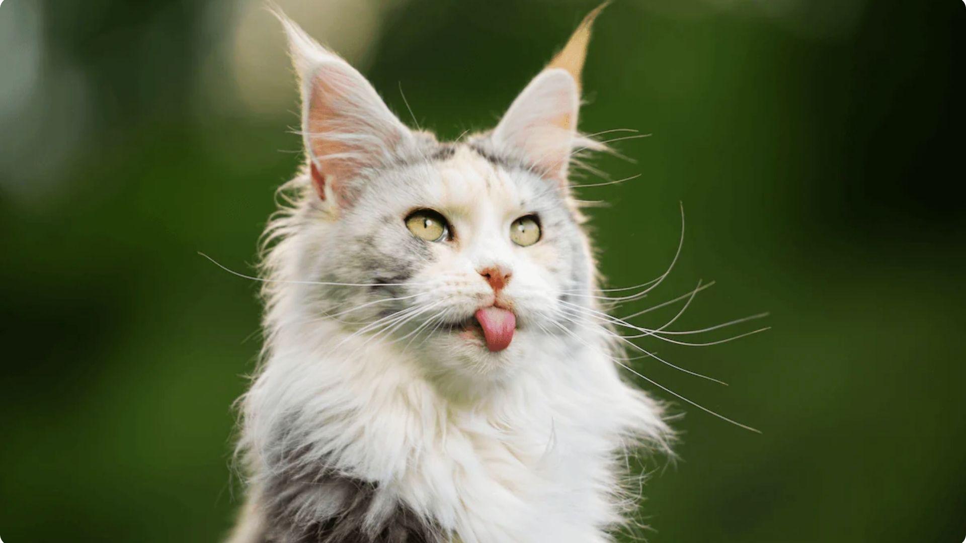 A playful white and grey Maine Coon cat with tufted ears and wide yellow-green eyes sticking its tongue out against a blurred background.
