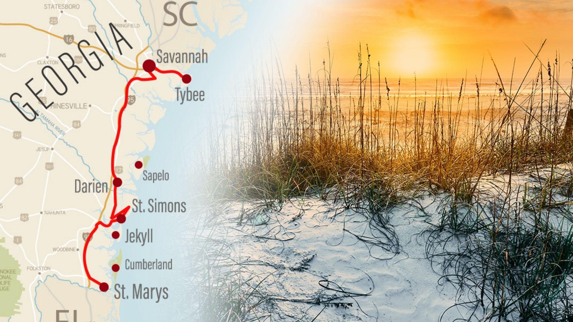 Georgia coastal map showing Savannah to Jekyll Island driving route with Tybee, St. Simons, and beaches