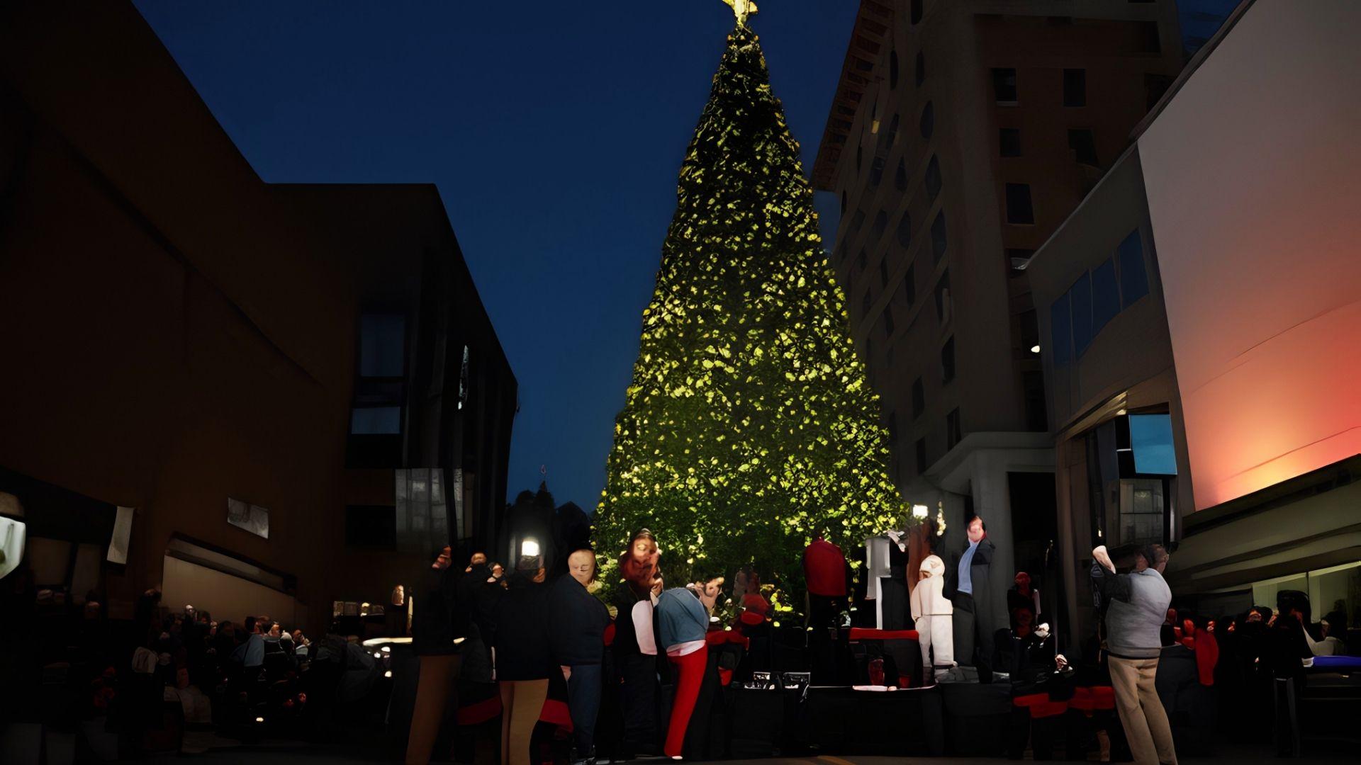 Tall downtown Christmas tree lighting ceremony in Savannah with crowd gathered at night, surrounded by city buildings