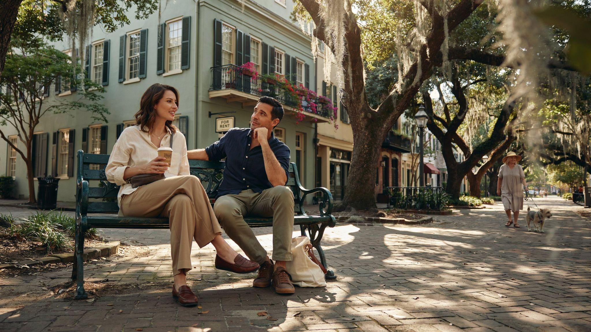 Adults enjoying the relaxed atmosphere of Savannah's historic squares.