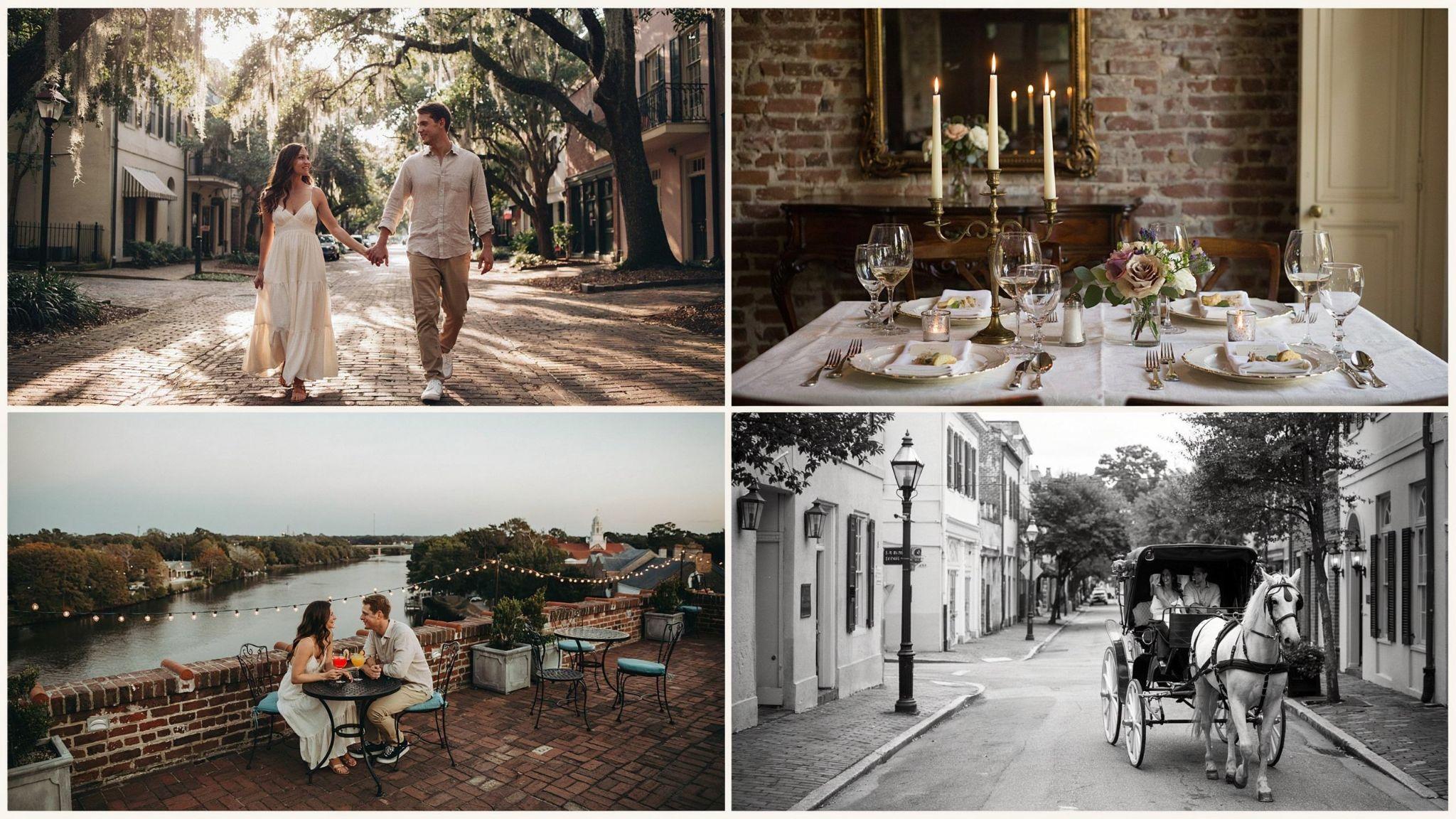 Romantic Savannah experiences including rooftop dining and carriage rides.