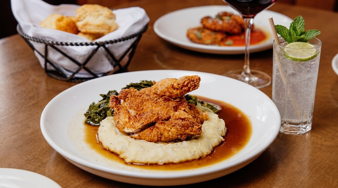 Southern fried chicken with mashed potatoes, collard greens, biscuits, and cocktails on table