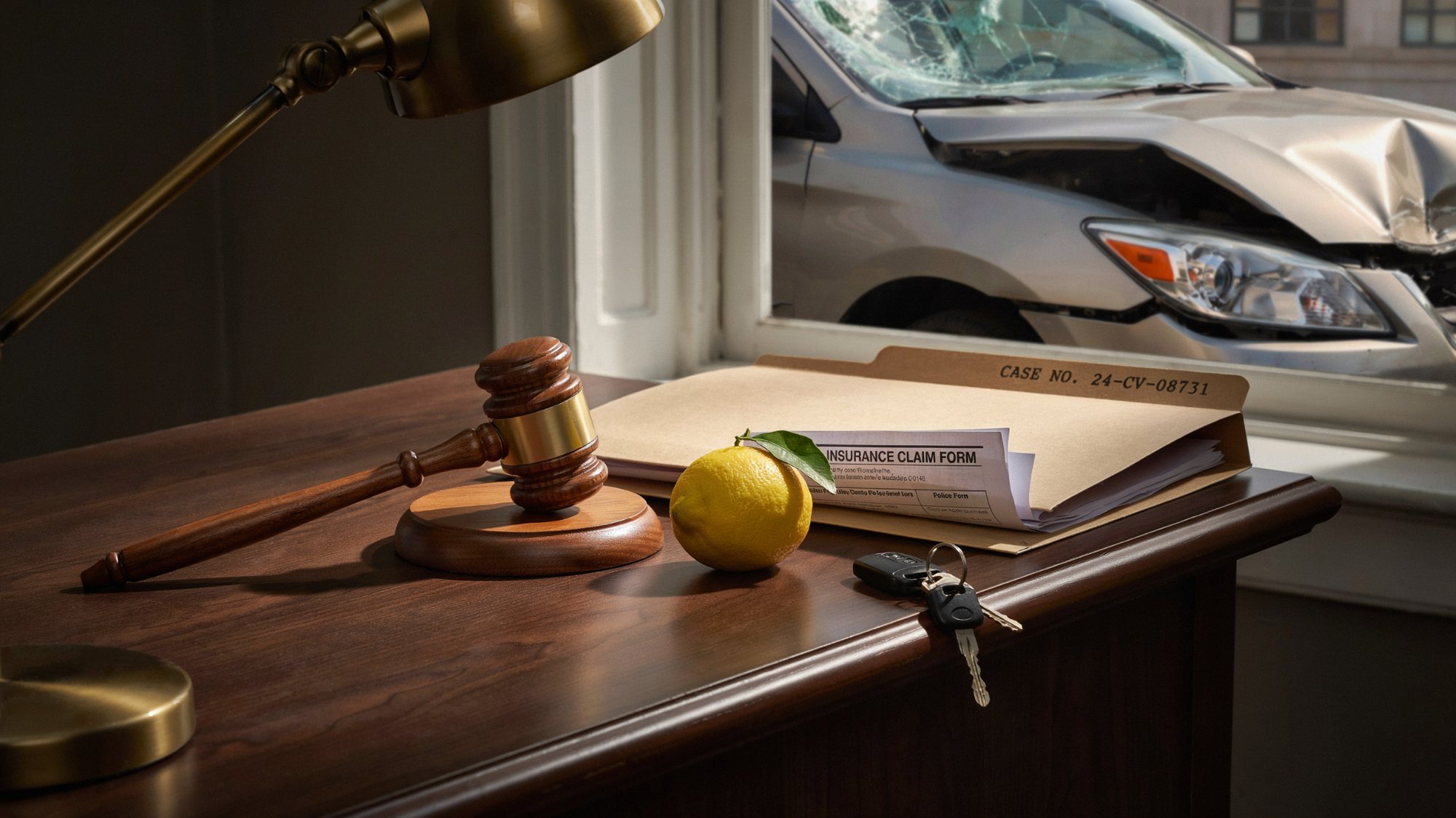 Legal symbols and a defective vehicle illustrating how Georgia Lemon Law works.