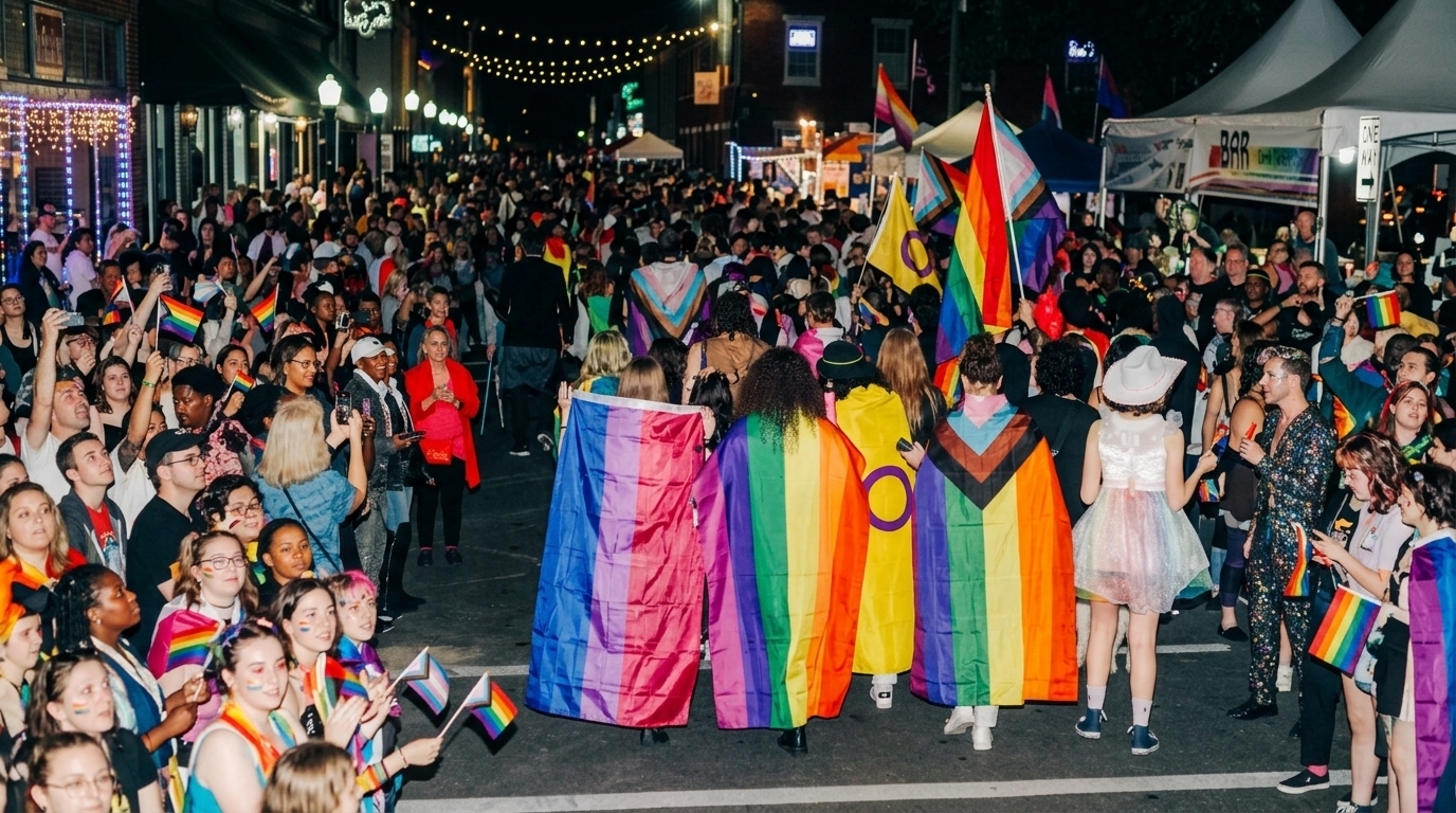 Nighttime street filled with Pride flags and crowds at Savannah More Events celebration.