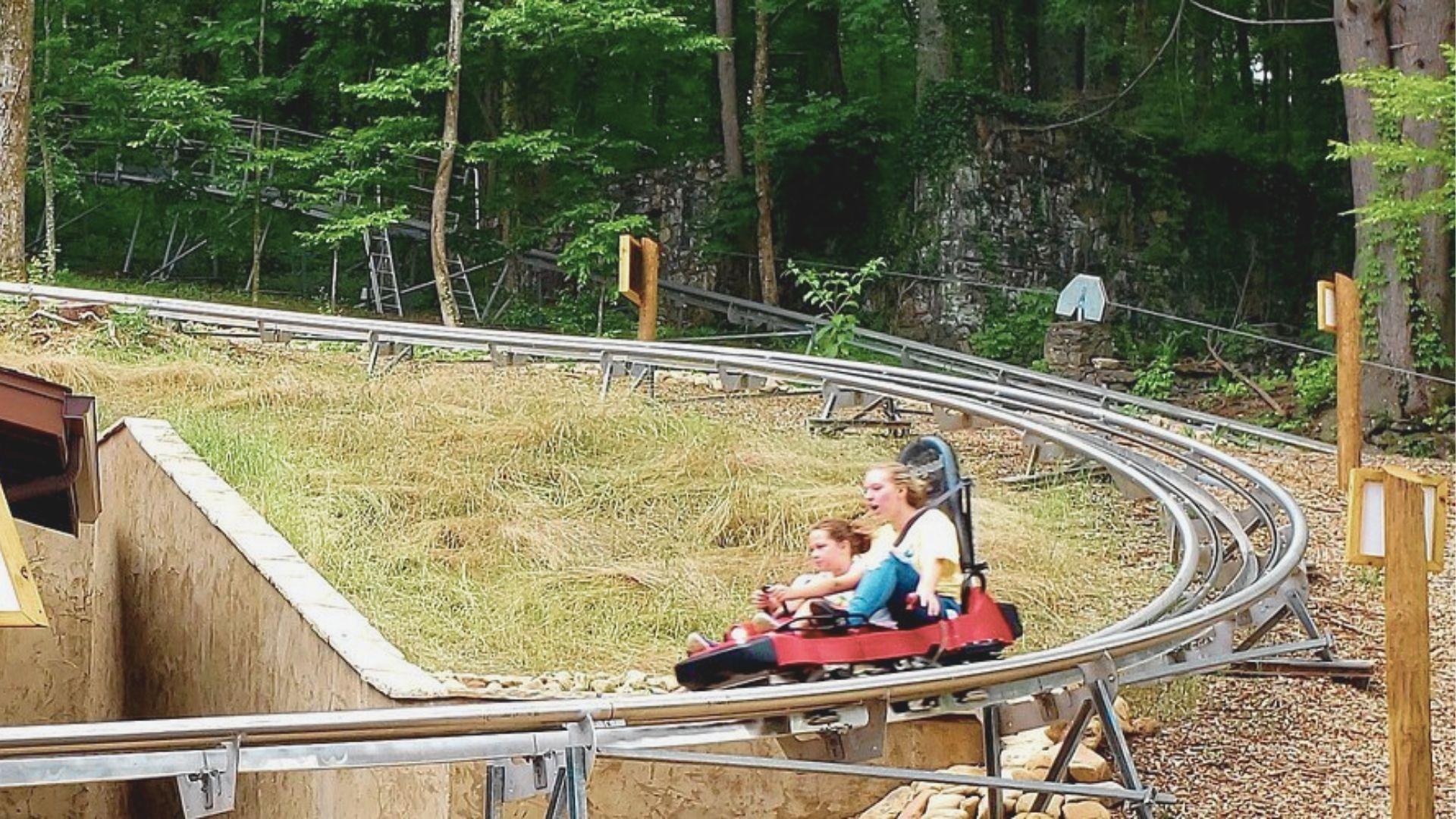 Two riders laugh as they speed downhill on the Georgia Mountain Coaster through a forested track.