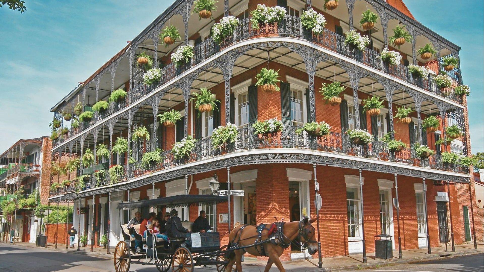Admire the ornate wrought-iron balconies draped with ferns at Royal and Dumaine Streets.