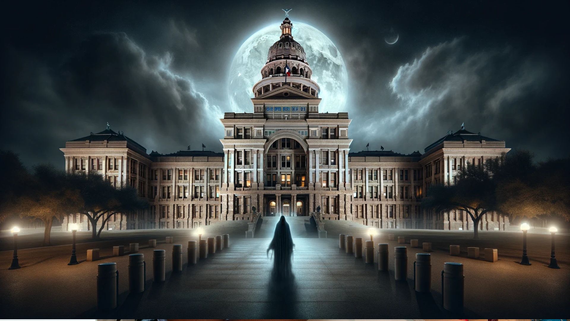 Large gloomy mansion with columns in thick fog under a dark stormy sky, with eerie lights in windows.