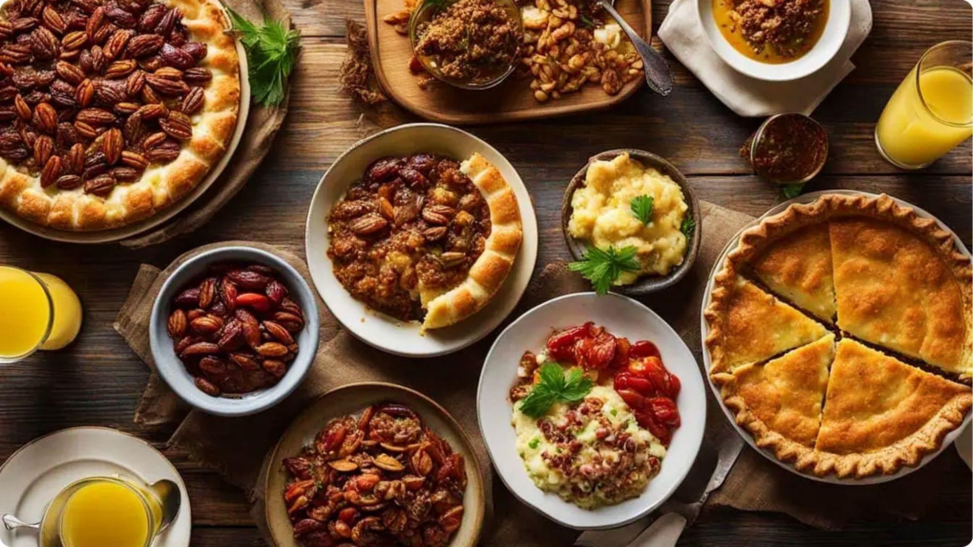 Rustic pecan pie and Southern brunch spread on wood table perfect for best dinner savannah ga feast