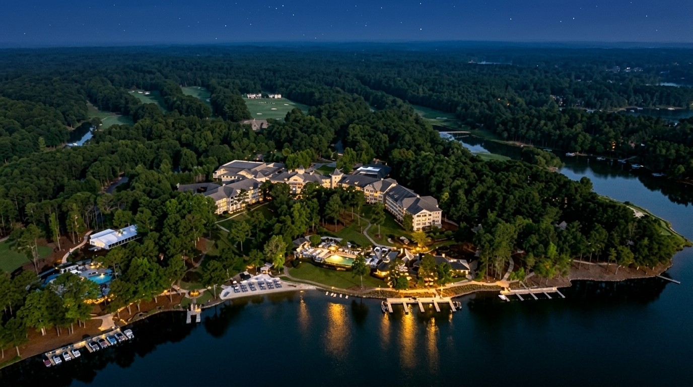 Aerial night view of lakeside resort with pools, a luxury pick for Romantic Getaways in Georgia
