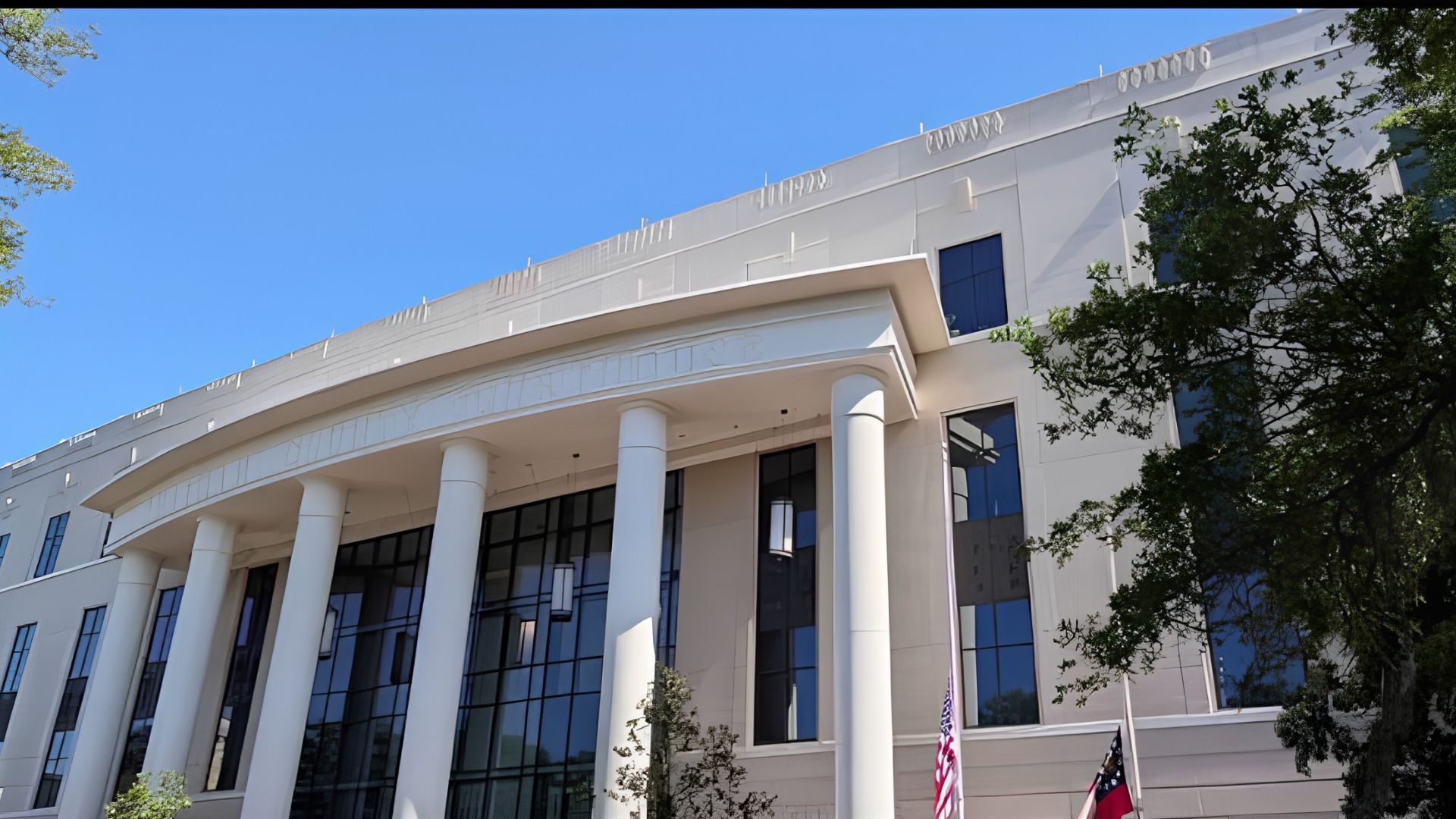 Chatham County Courthouse with white columns near Wright Square, Savannah.