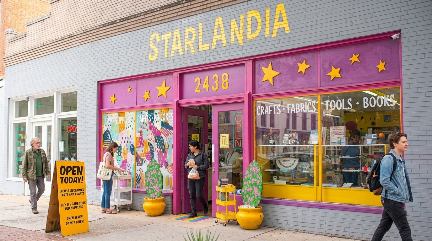 Starlandia art thrift in Savannah GA has a bright storefront, crafts, fabrics, and open sign.