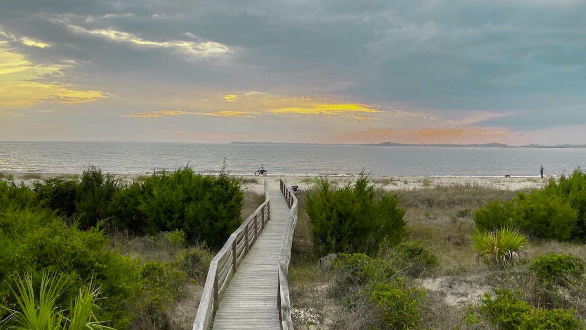 scenic view of a bridge leading to beach on the way to Charleston