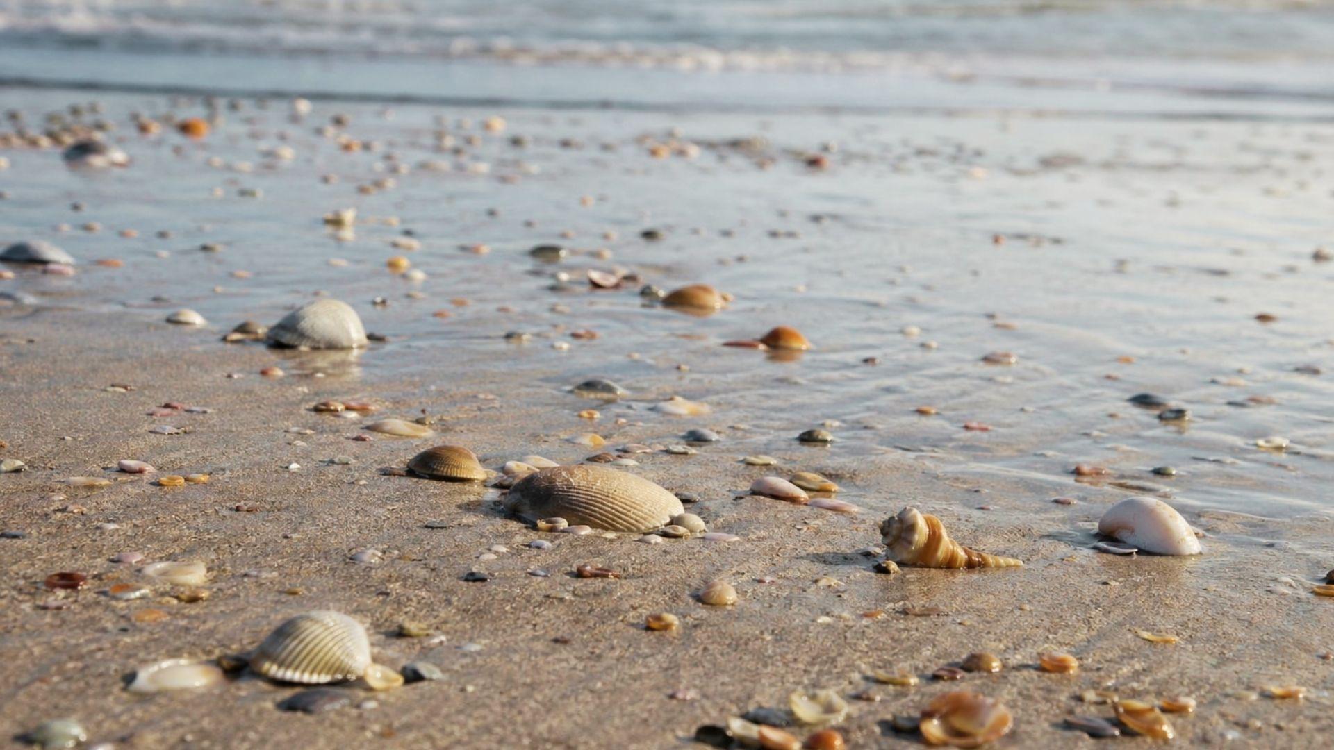 Seashells scattered on wet sand at Butterbean Beach Savannah GA