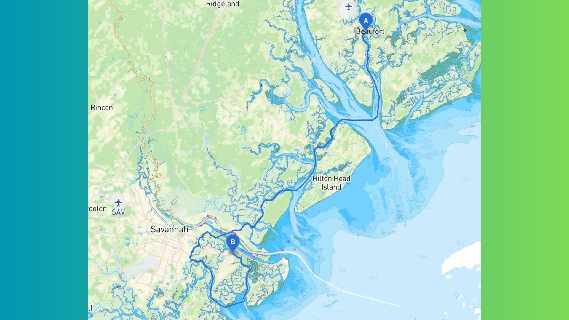 map route highlights the route by waterways.