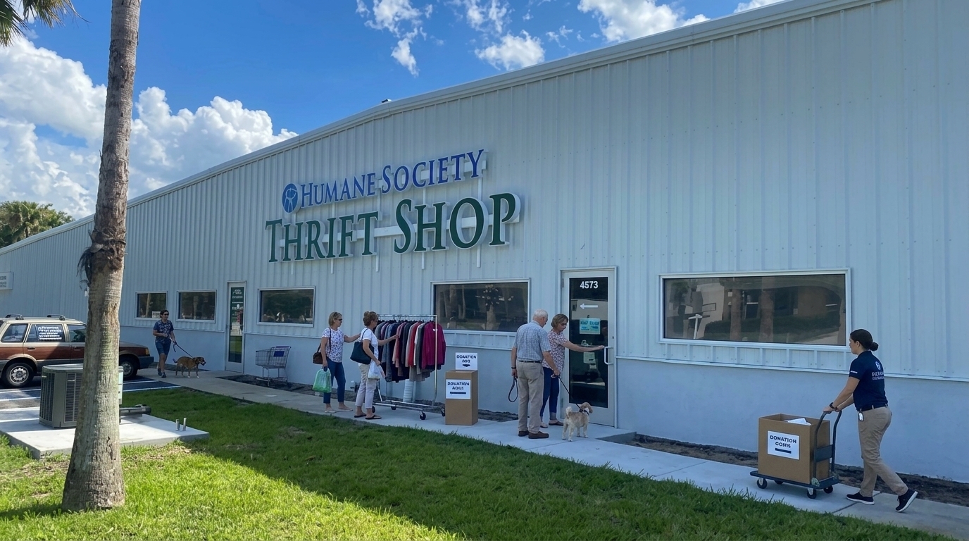 Shoppers donate and browse outside Humane Society Thrift Shop, a busy Savannah GA community spot.