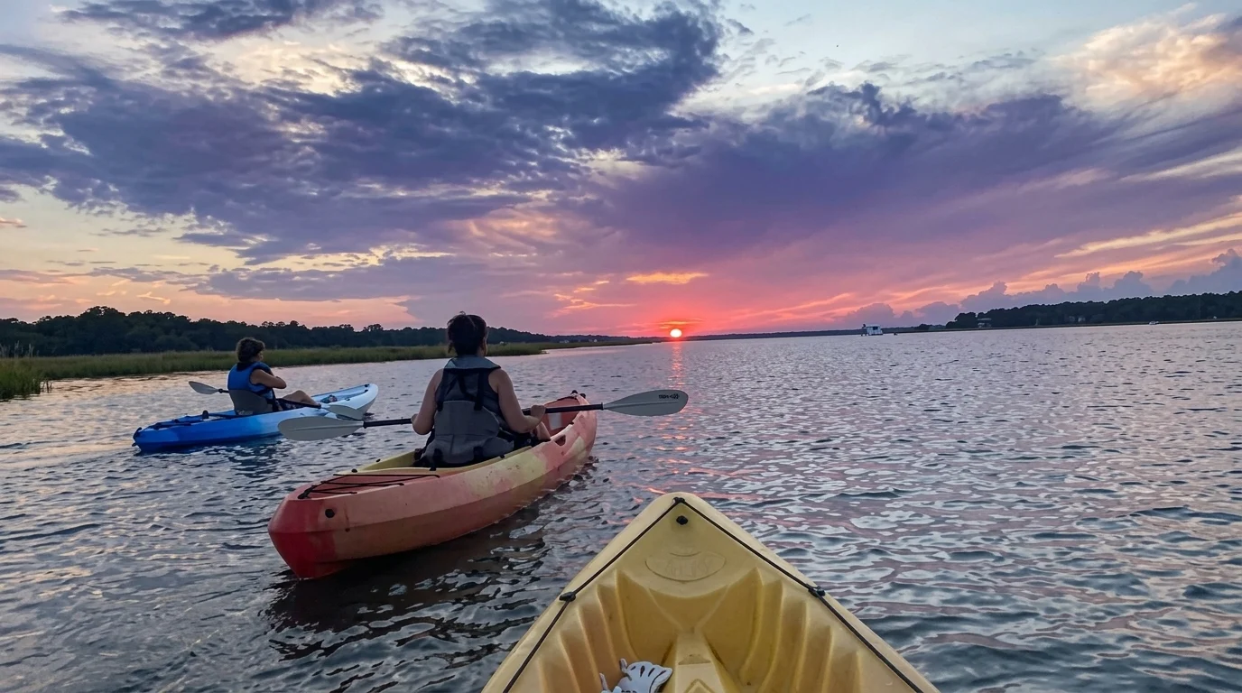 Three people kayaking on calm water at sunrise with colorful sky and marsh shoreline at Hilton Head Island.
