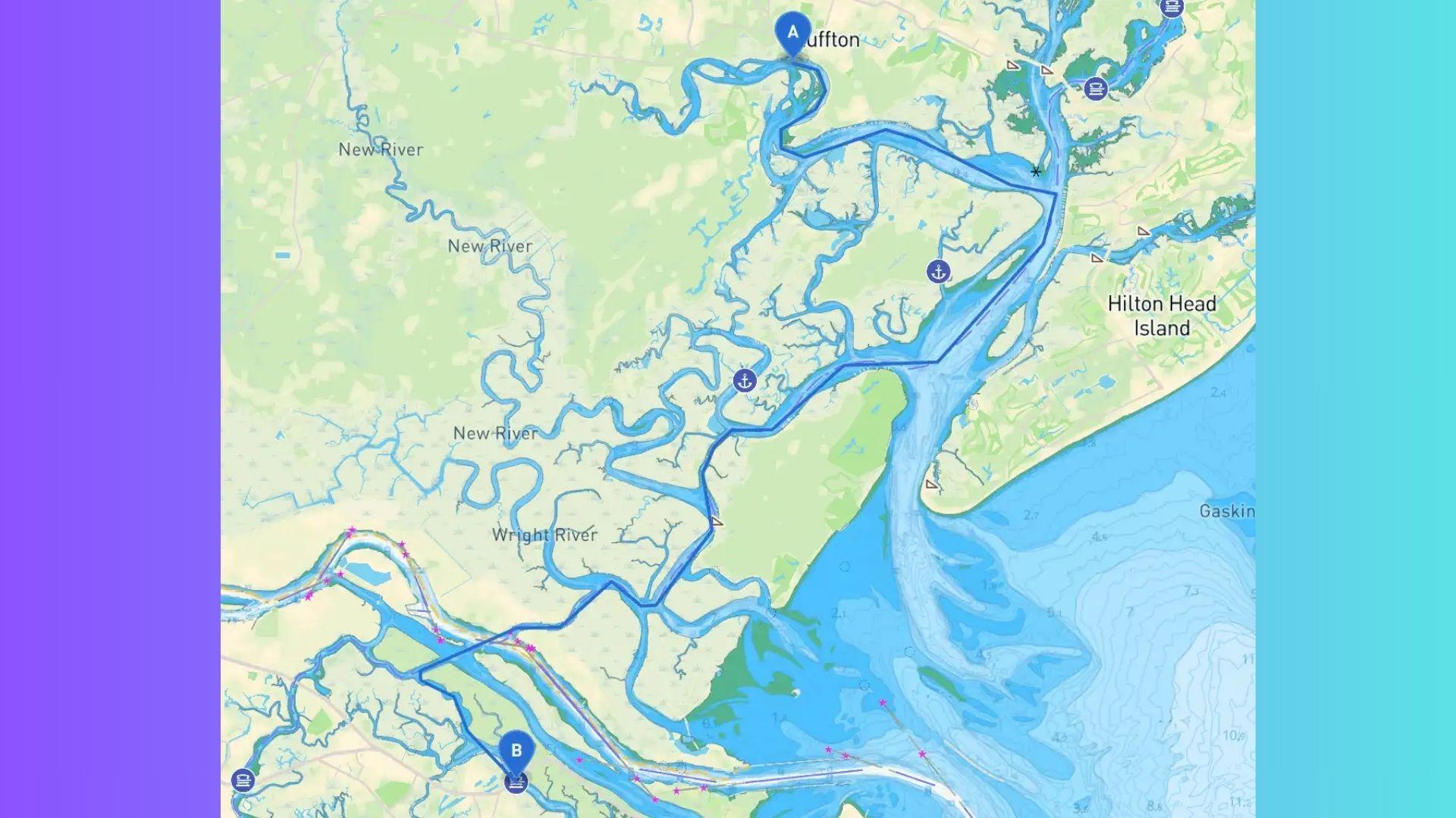 Map route showing direction from Bluffton SC to Savannah GA.