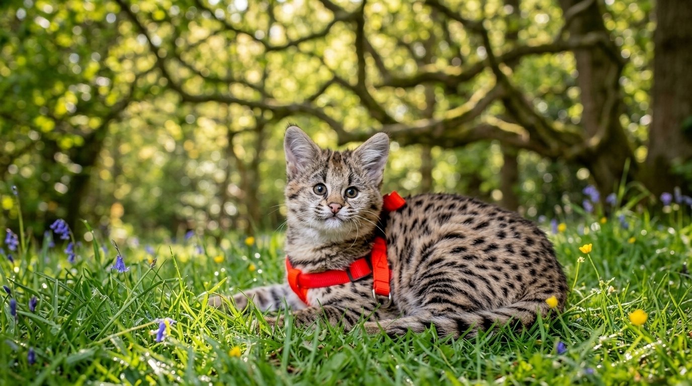 "Savannah kitten in red harness resting on grass after healthy diet"