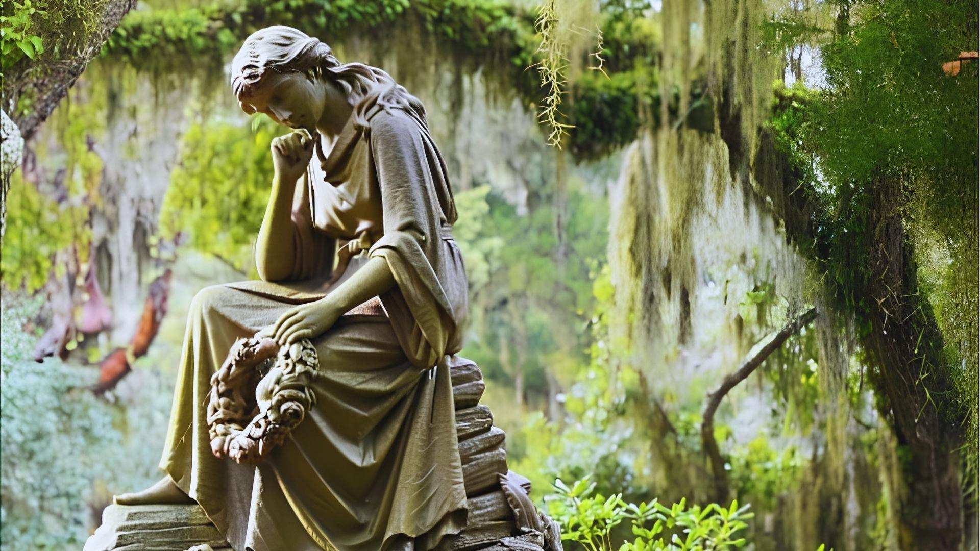 Weeping angel statue holding a wreath in Bonaventure Cemetery under Spanish moss.
