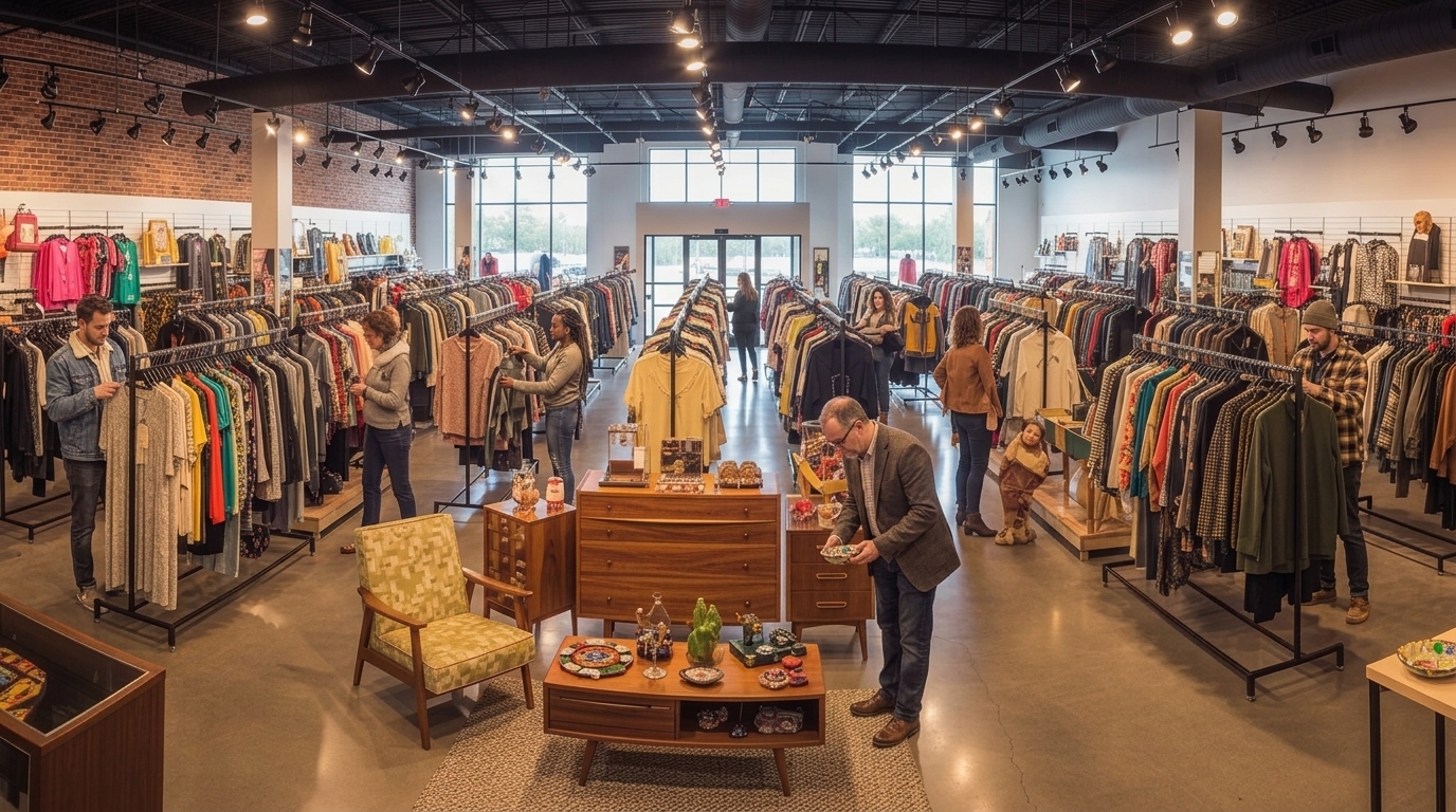 Large Savannah GA thrift store with clothing racks, vintage furniture, and shoppers browsing aisles.