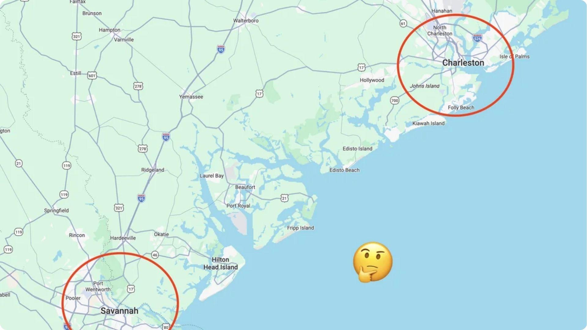 image of map showing the route of Charleston to Savannah