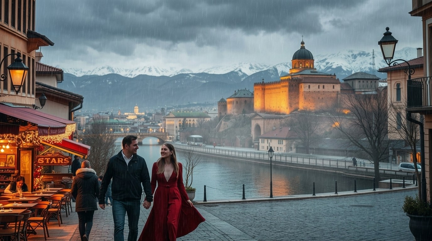 Couple holding hands walking in rain through historic riverside town with castle and snow-capped mountains