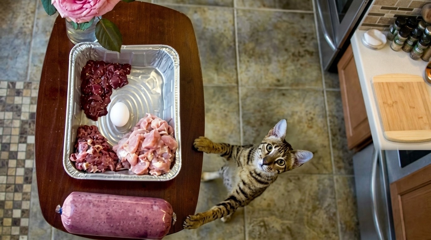"Savannah cat looking at raw diet ingredients with chicken, liver and egg"