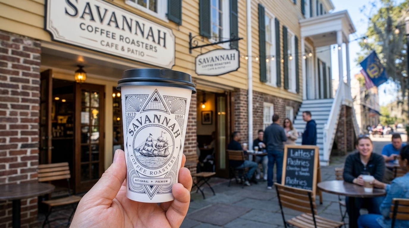 Hand holds Savannah Coffee Roasters to-go cup outside busy cafe with string lights and patio.