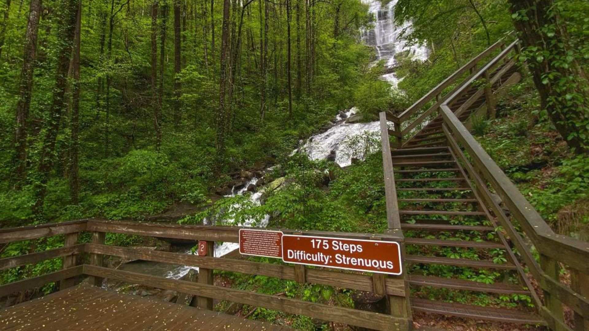 Scenic view of Amicalola Falls cascading down rocky terrain in the Smoky Mountains, surrounded by lush greenery.